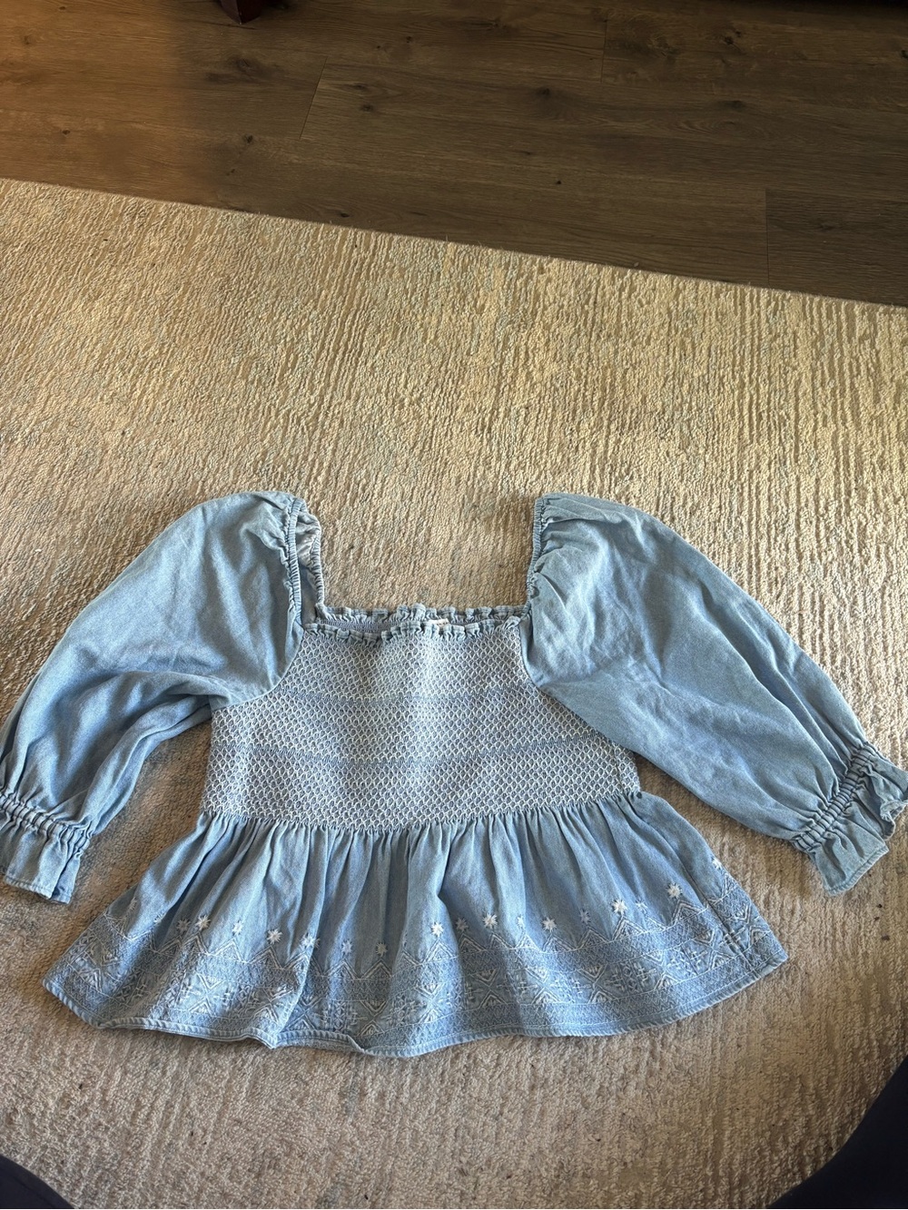 American Eagle Outfitters Light Blue Smocked Peasant Top with Embroidered Hem
